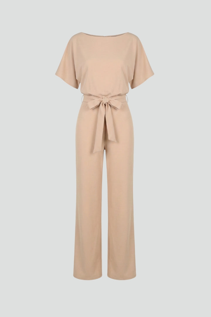 Cordula | Damen Rundhals Jumpsuit mit weiten Beinen - Beige - Image 1