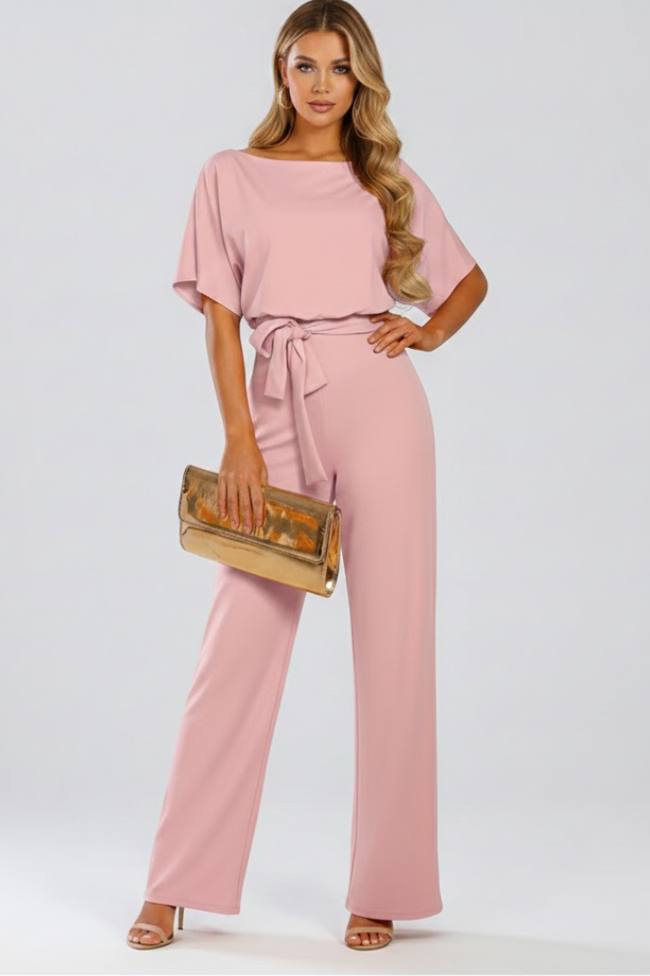 Cordula | Damen Rundhals Jumpsuit mit weiten Beinen - Beige - Image 11