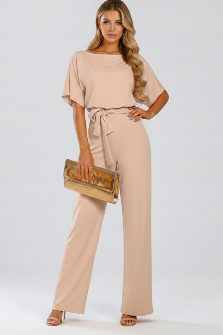 Cordula | Damen Rundhals Jumpsuit mit weiten Beinen - Beige - Image 2