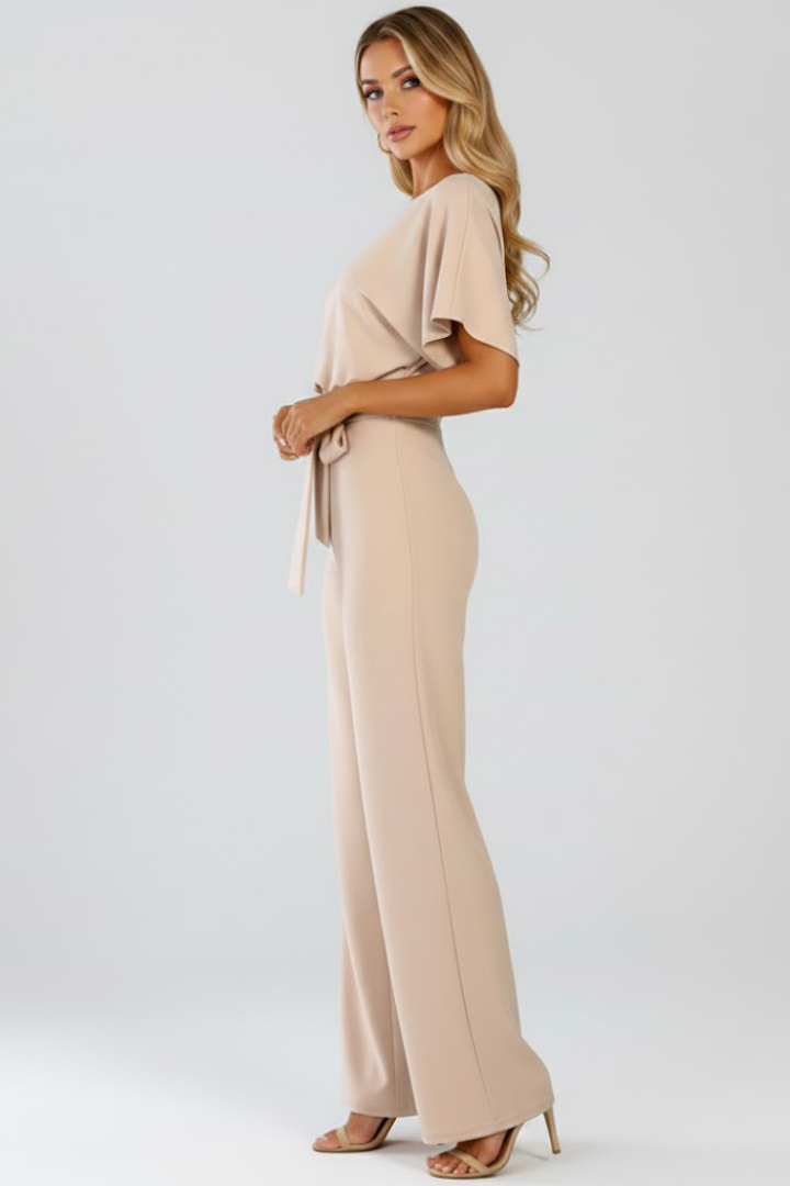 Cordula | Damen Rundhals Jumpsuit mit weiten Beinen - Beige - Image 4