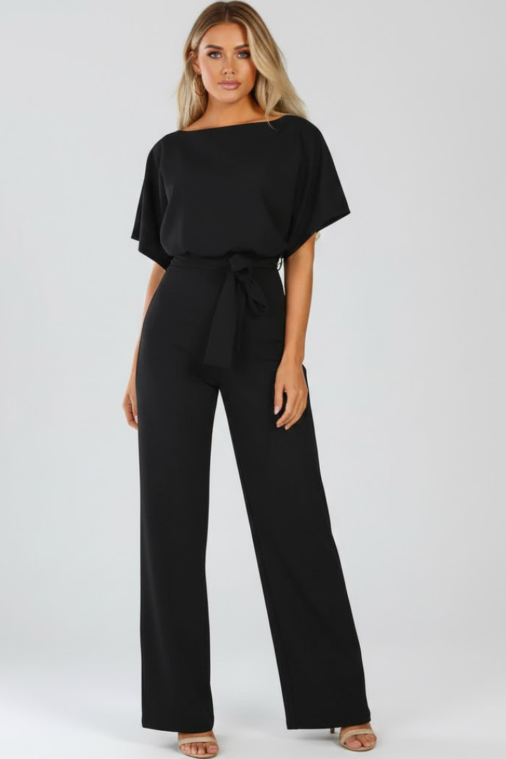Cordula | Damen Rundhals Jumpsuit mit weiten Beinen - Beige - Image 6