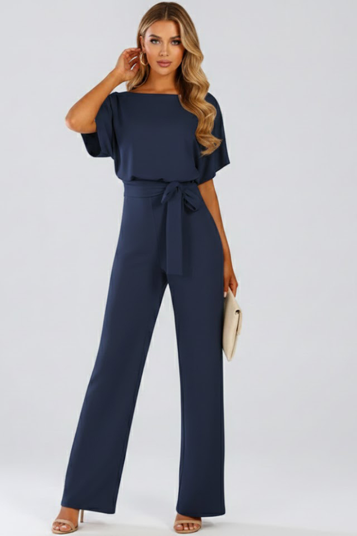 Cordula | Damen Rundhals Jumpsuit mit weiten Beinen - Beige - Image 8