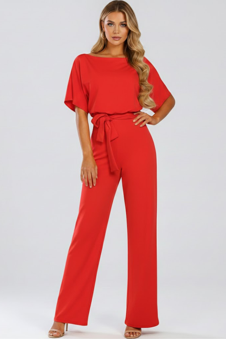 Cordula | Damen Rundhals Jumpsuit mit weiten Beinen - Beige - Image 9