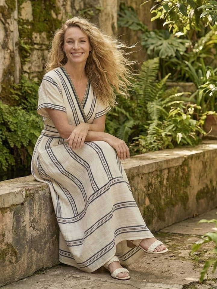 Corisande | Damen Gestreiftes Wickel Midi Kleid - Striped - Image 6