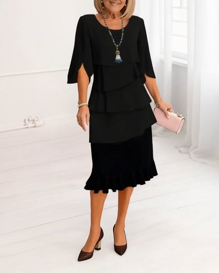 Cornelia | Damen Volant Midi Kleid Elegante Passform - Black - Image 2