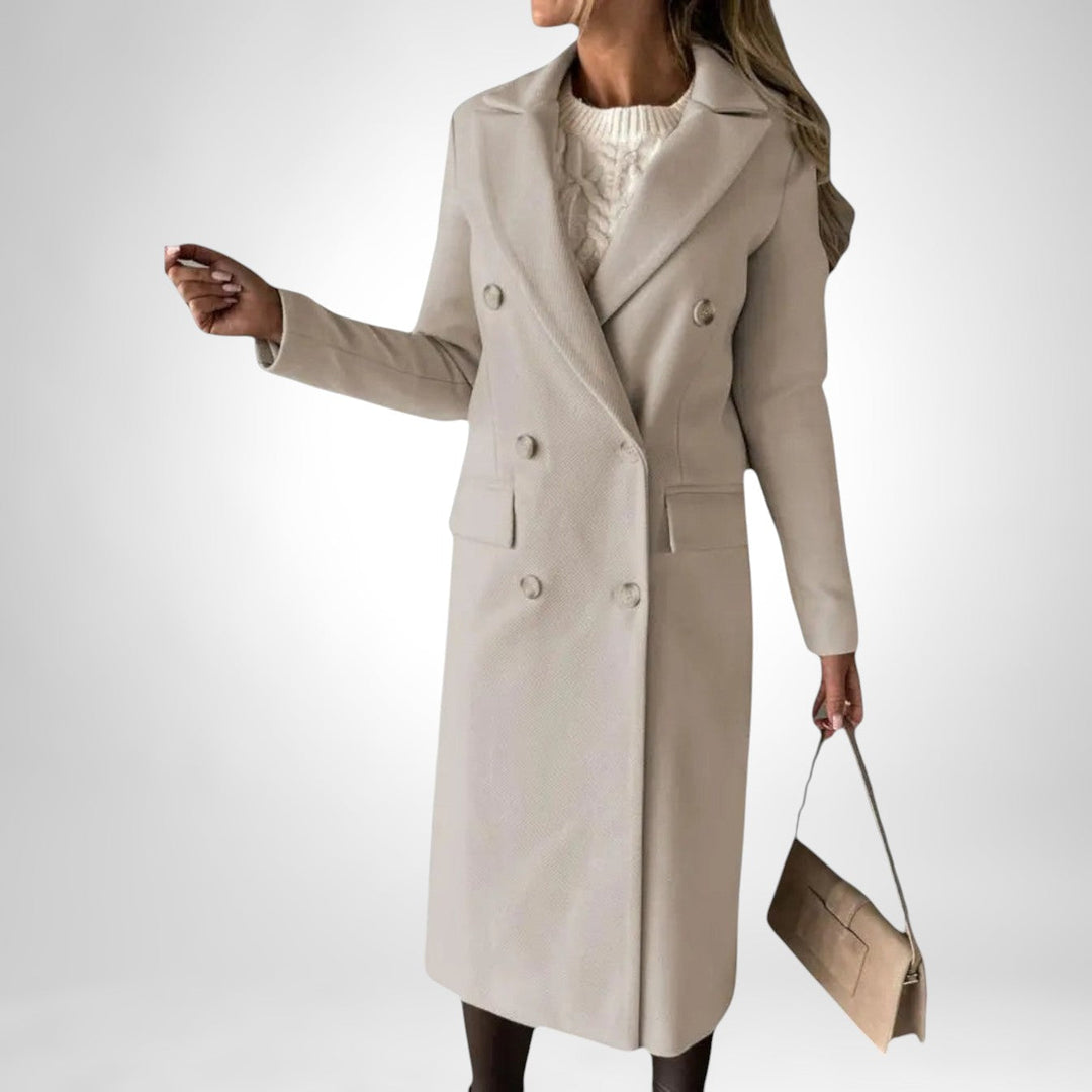 Corvaine | Damen Langer Wintermantel Zweireihig - Beige - Image 14