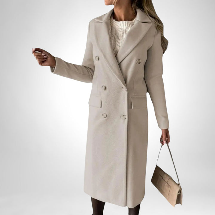 Corvaine | Damen Langer Wintermantel Zweireihig - Beige - Image 14
