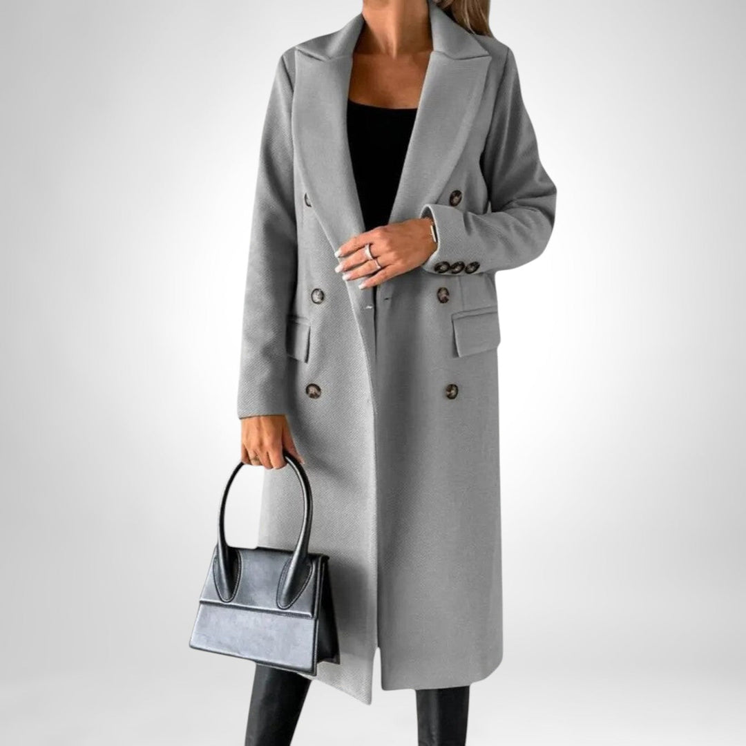 Corvaine | Damen Langer Wintermantel Zweireihig - Beige - Image 15