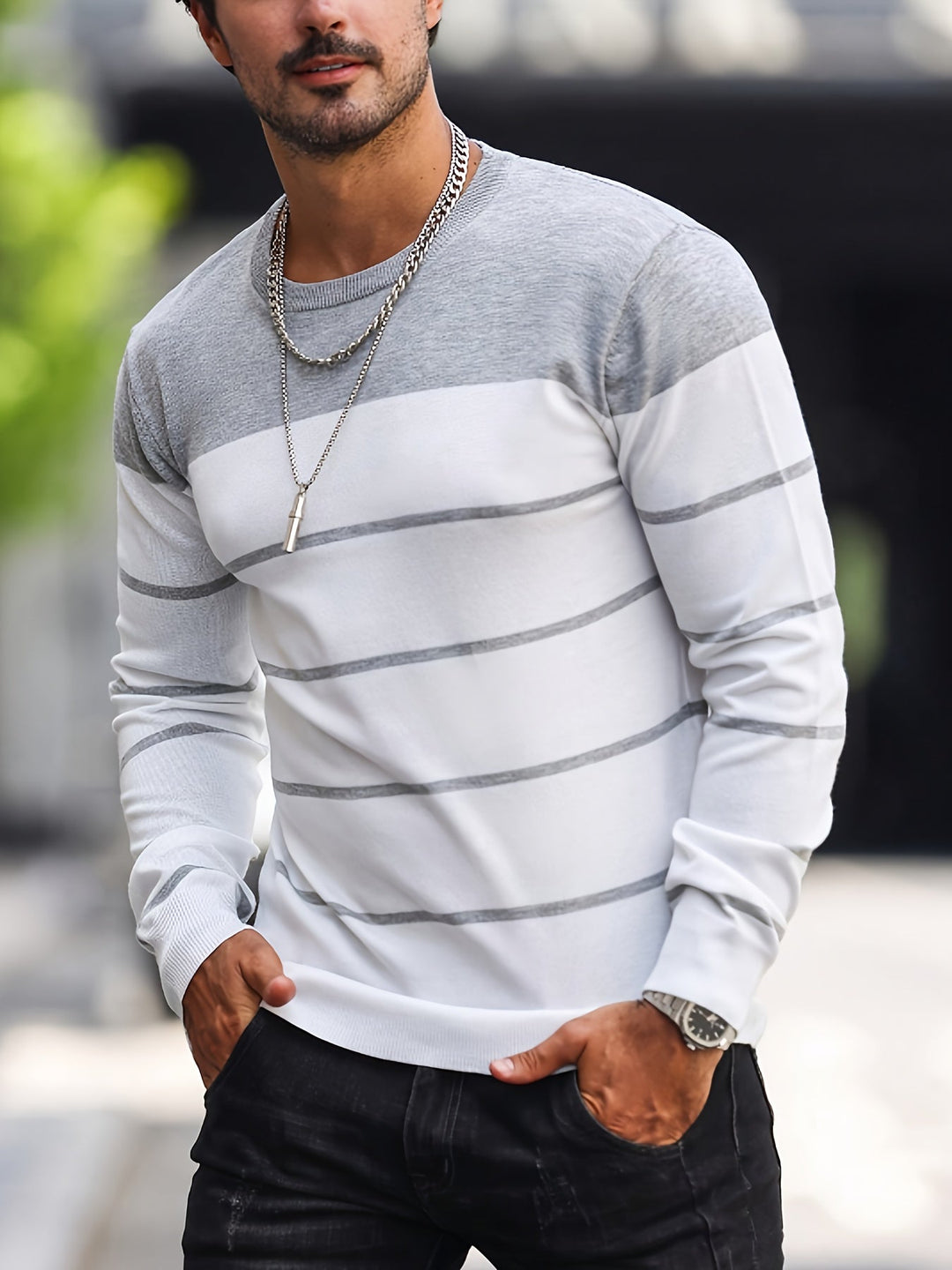 Corvald | Herren Gestreifter Rundhals Strickpullover - Grey - Image 1