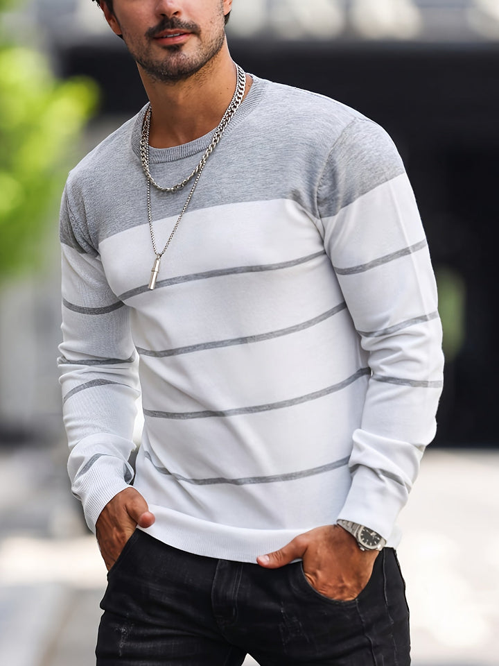 Corvald | Herren Gestreifter Rundhals Strickpullover - Grey - Image 1
