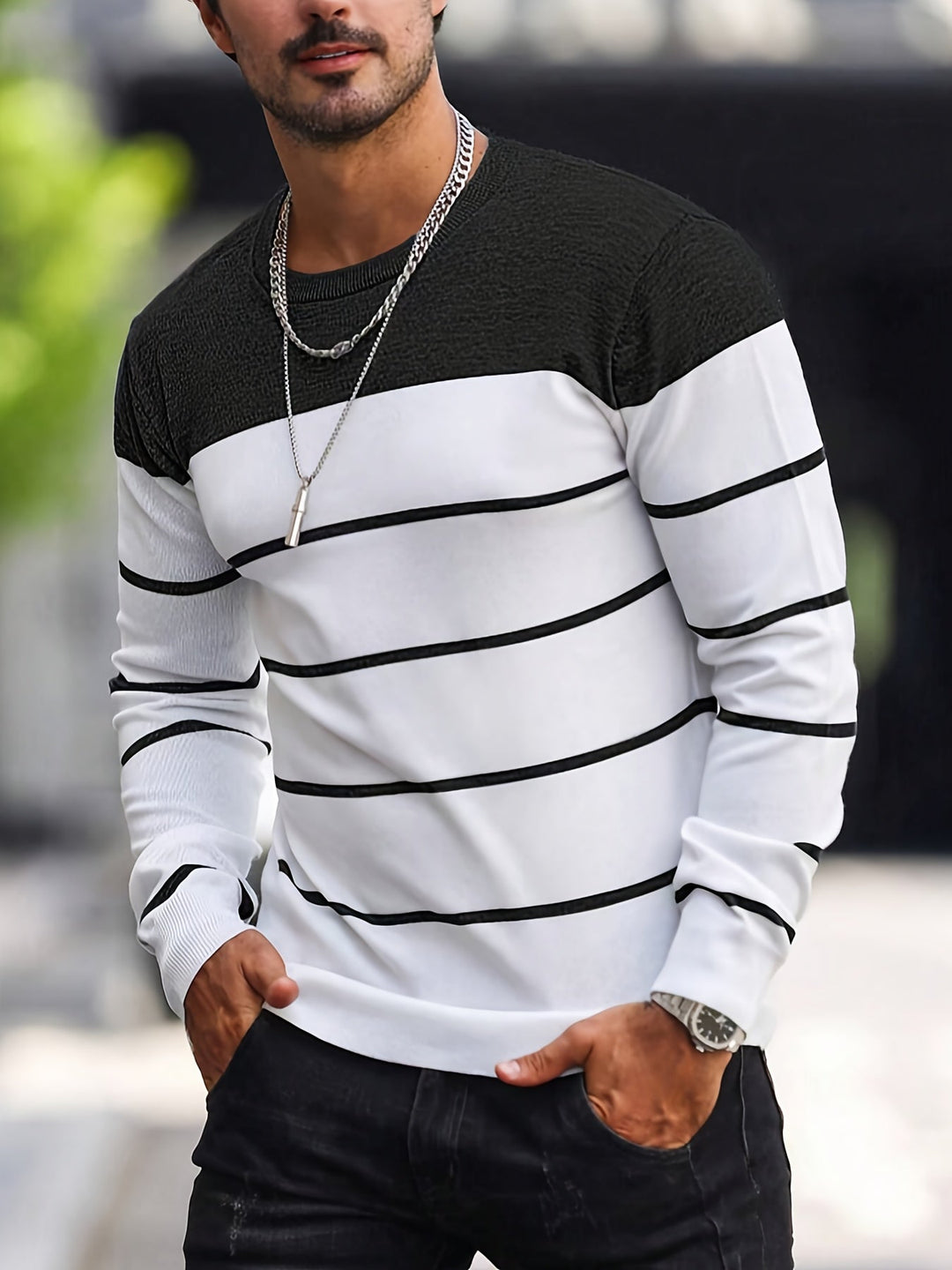 Corvald | Herren Gestreifter Rundhals Strickpullover - Grey - Image 13
