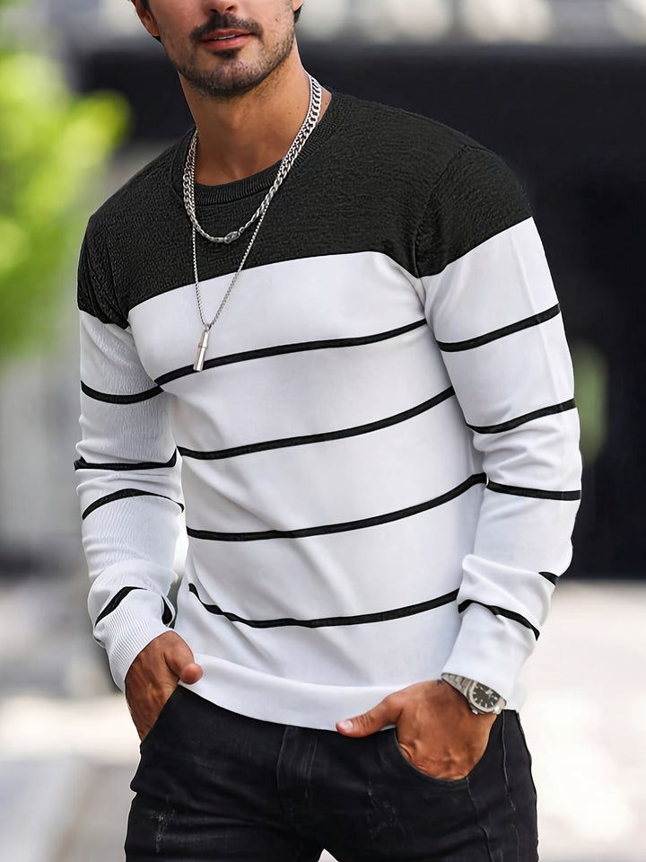 Corvald | Herren Gestreifter Rundhals Strickpullover - Grey - Image 13