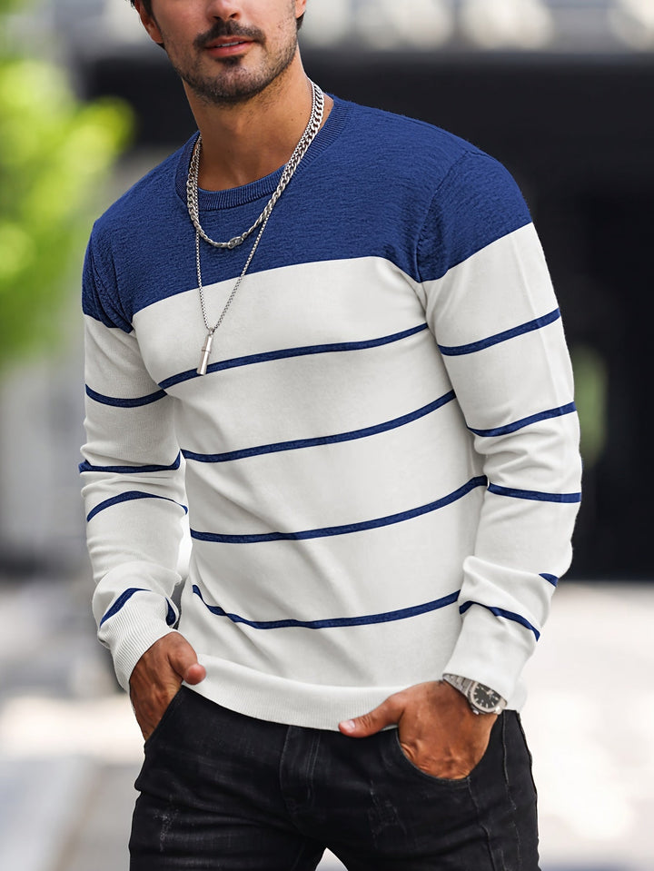 Corvald | Herren Gestreifter Rundhals Strickpullover - Grey - Image 16