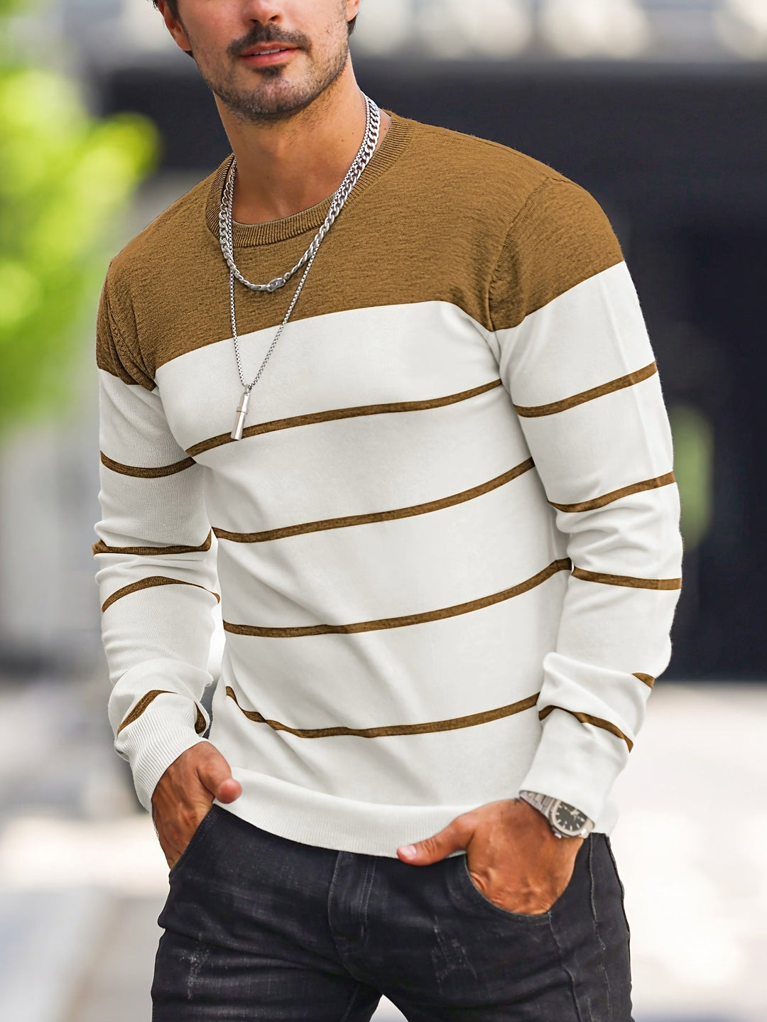 Corvald | Herren Gestreifter Rundhals Strickpullover - Grey - Image 17