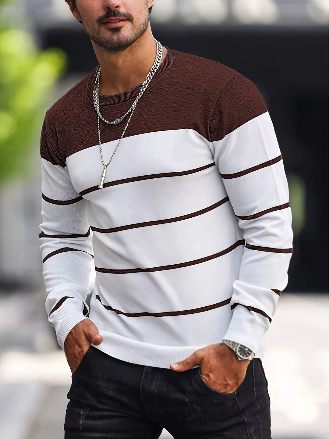 Corvald | Herren Gestreifter Rundhals Strickpullover - Grey - Image 2