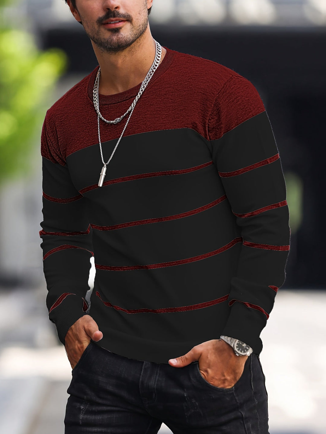 Corvald | Herren Gestreifter Rundhals Strickpullover - Grey - Image 20