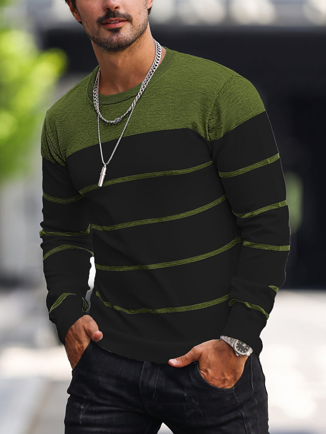 Corvald | Herren Gestreifter Rundhals Strickpullover - Grey - Image 21