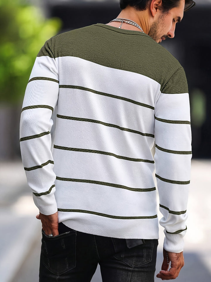 Corvald | Herren Gestreifter Rundhals Strickpullover - Grey - Image 3