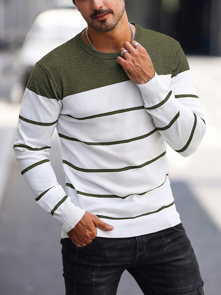Corvald | Herren Gestreifter Rundhals Strickpullover - Grey - Image 4