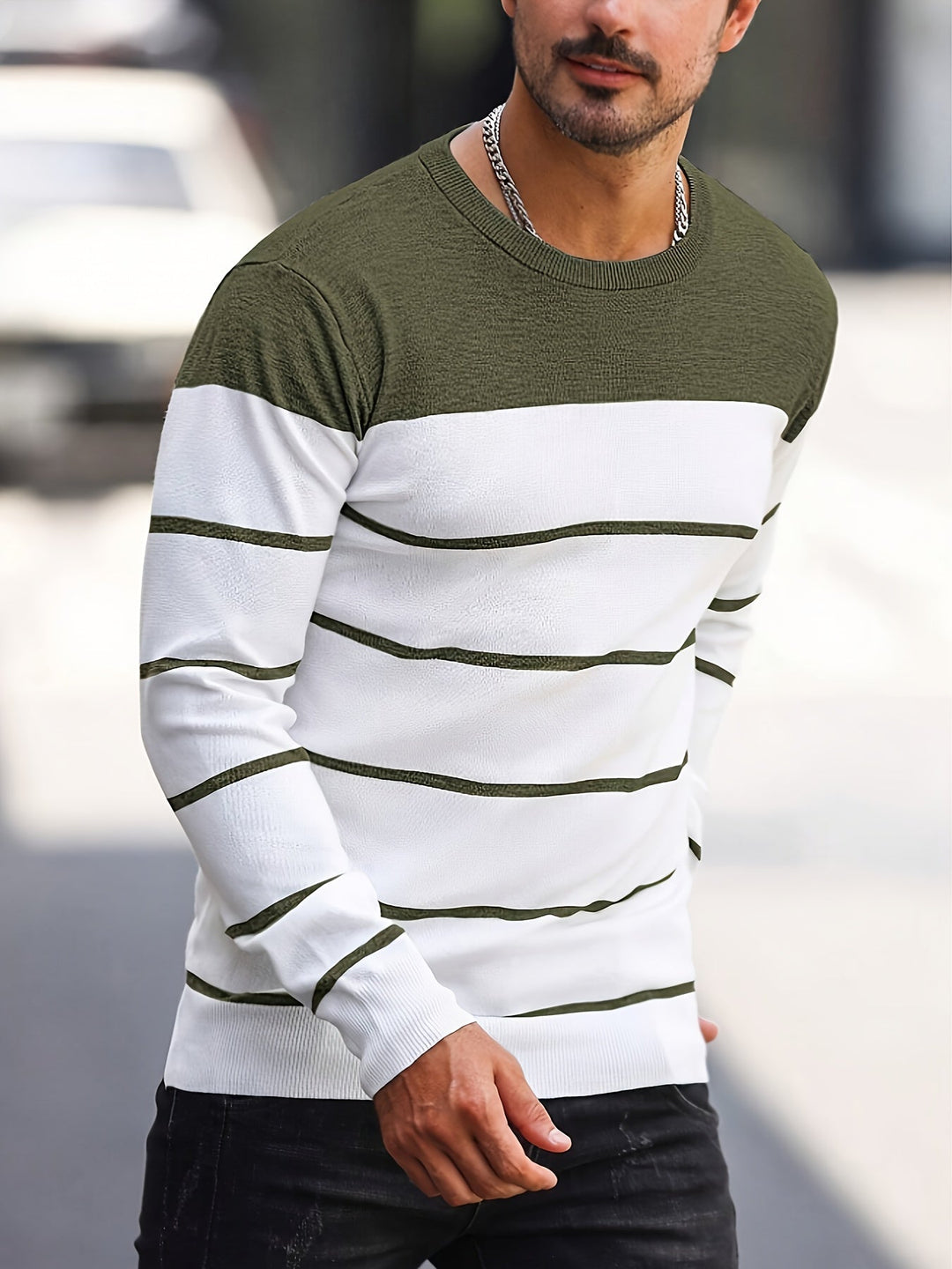 Corvald | Herren Gestreifter Rundhals Strickpullover - Grey - Image 5