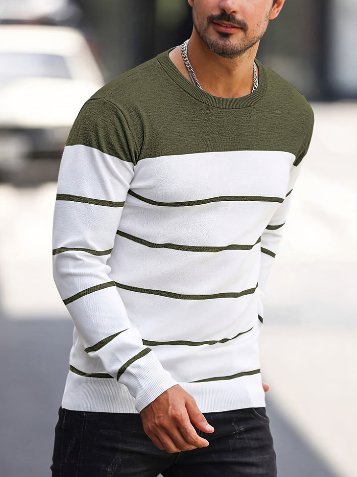 Corvald | Herren Gestreifter Rundhals Strickpullover - Grey - Image 5
