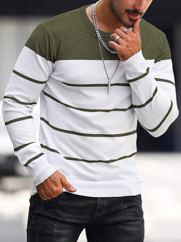 Corvald | Herren Gestreifter Rundhals Strickpullover - Grey - Image 6