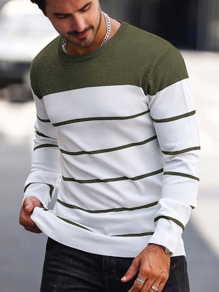 Corvald | Herren Gestreifter Rundhals Strickpullover - Grey - Image 7