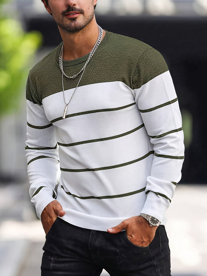 Corvald | Herren Gestreifter Rundhals Strickpullover - Grey - Image 9