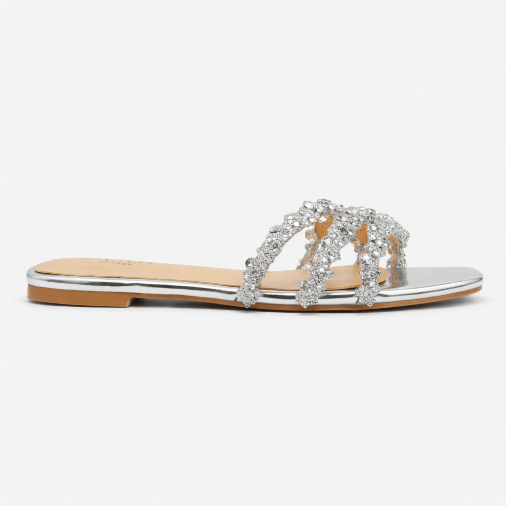 Cosima | Damen Strass Sandalen Flache Sommerschuhe - Silver - Image 4
