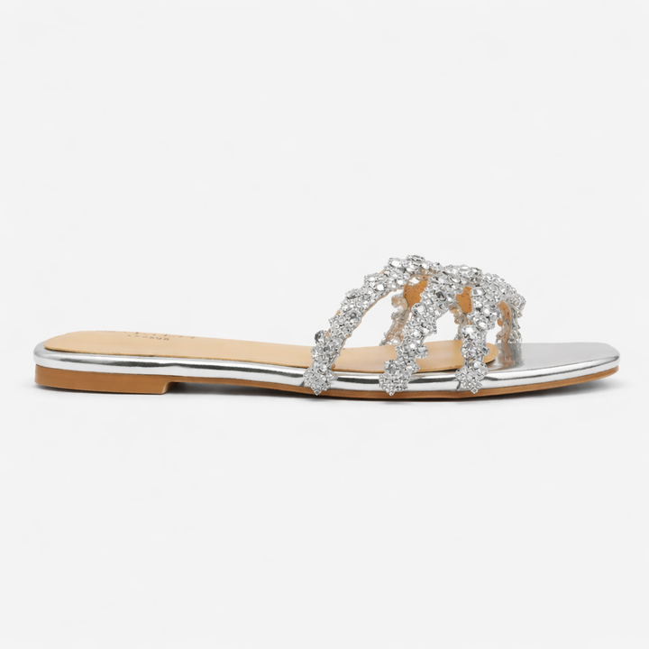 Cosima | Damen Strass Sandalen Flache Sommerschuhe - Silver - Image 4