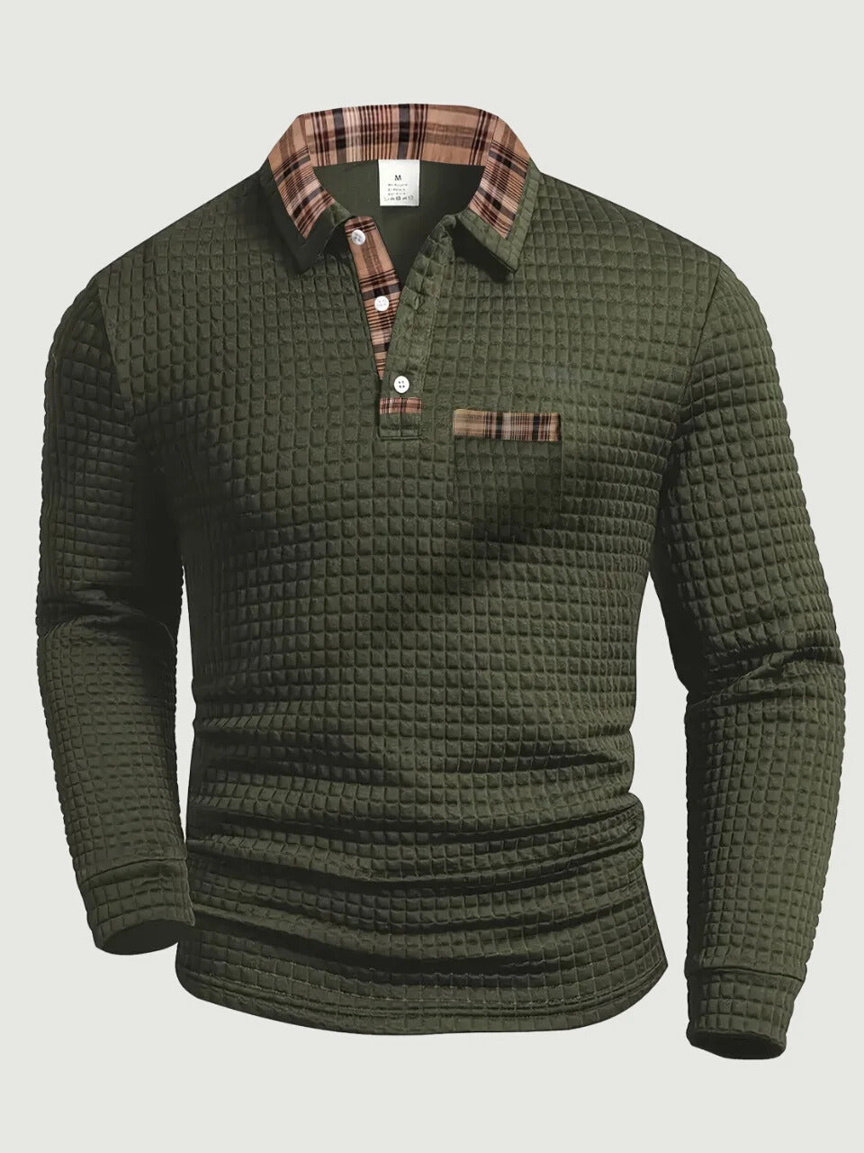 Crispin | Herren Langarm Poloshirt mit Karokragen - Olive Green - Image 1