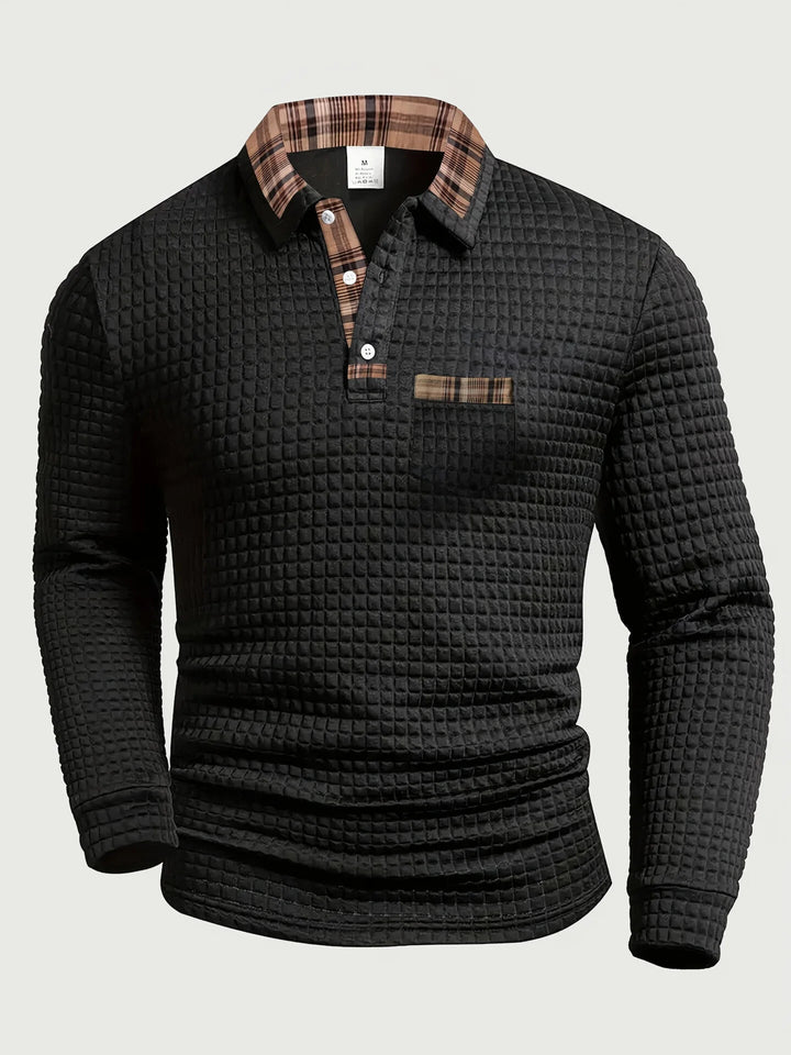 Crispin | Herren Langarm Poloshirt mit Karokragen - Olive Green - Image 4