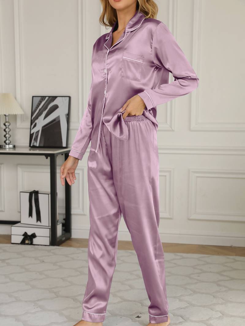 Isabel | Damen Satin Pyjama Set Langarm Knopfleiste