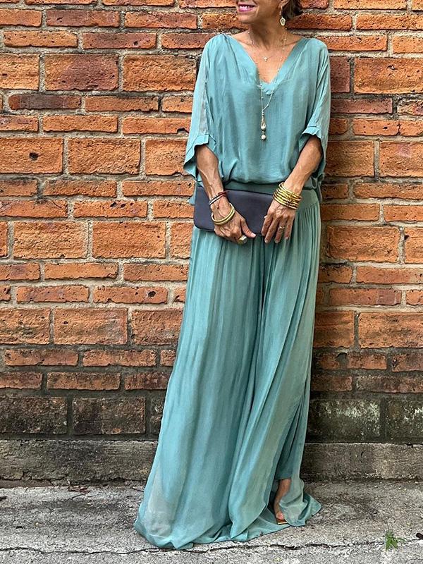 Saila | Damen Maxikleid V-Ausschnitt Fledermausärmel Unifarbe