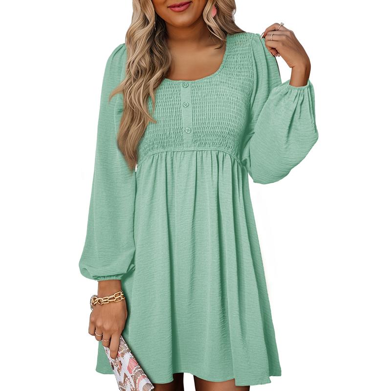 Rosa | Damen Minikleid Smok-Oberteil Eckiger Ausschnitt Langarm