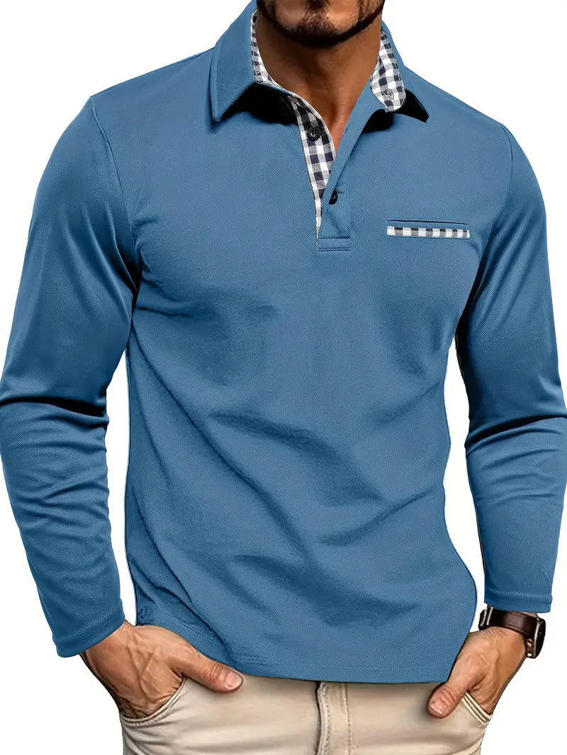 Wim | Herren Poloshirt Langarm Karo-Kragen Brusttasche