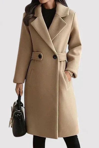 Dagrun | Damen Langer Wollmantel mit Gürtel - Beige - Image 1