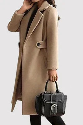 Dagrun | Damen Langer Wollmantel mit Gürtel - Beige - Image 3