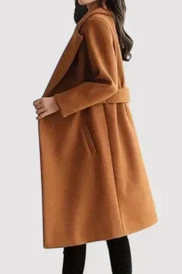 Dagrun | Damen Langer Wollmantel mit Gürtel - Beige - Image 4