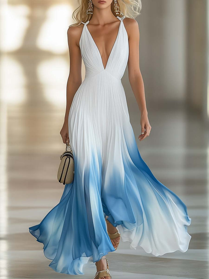 Daria | Damen V-Ausschnitt Farbverlauf Maxikleid - Blue - Image 1