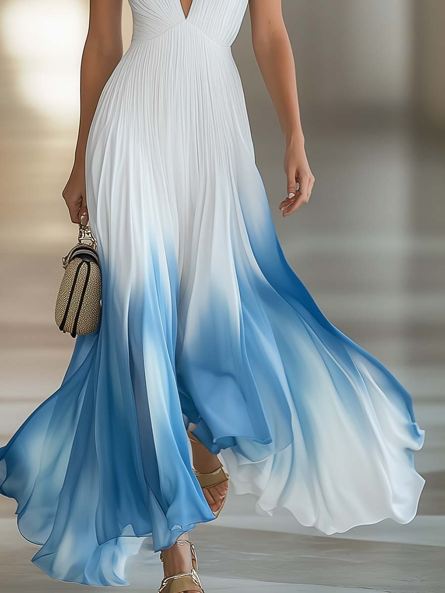 Daria | Damen V-Ausschnitt Farbverlauf Maxikleid - Blue - Image 6