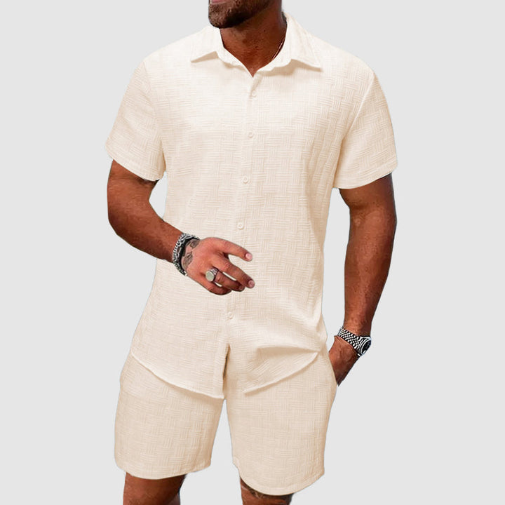 Darian | Herren Kurzarm Hemd Shorts Set Strukturiert - Cream - Image 1