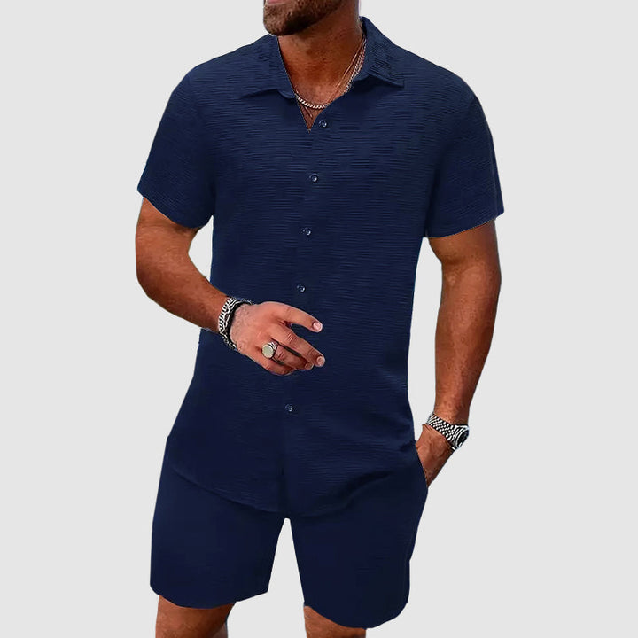 Darian | Herren Kurzarm Hemd Shorts Set Strukturiert - Cream - Image 3