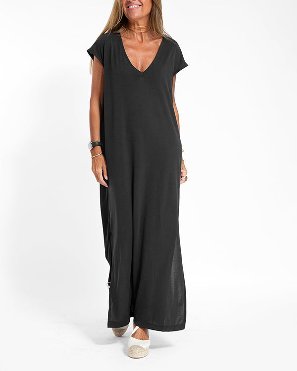 Maya | Damen Langes Freizeitkleid V-Ausschnitt Kurzarm Loose Fit
