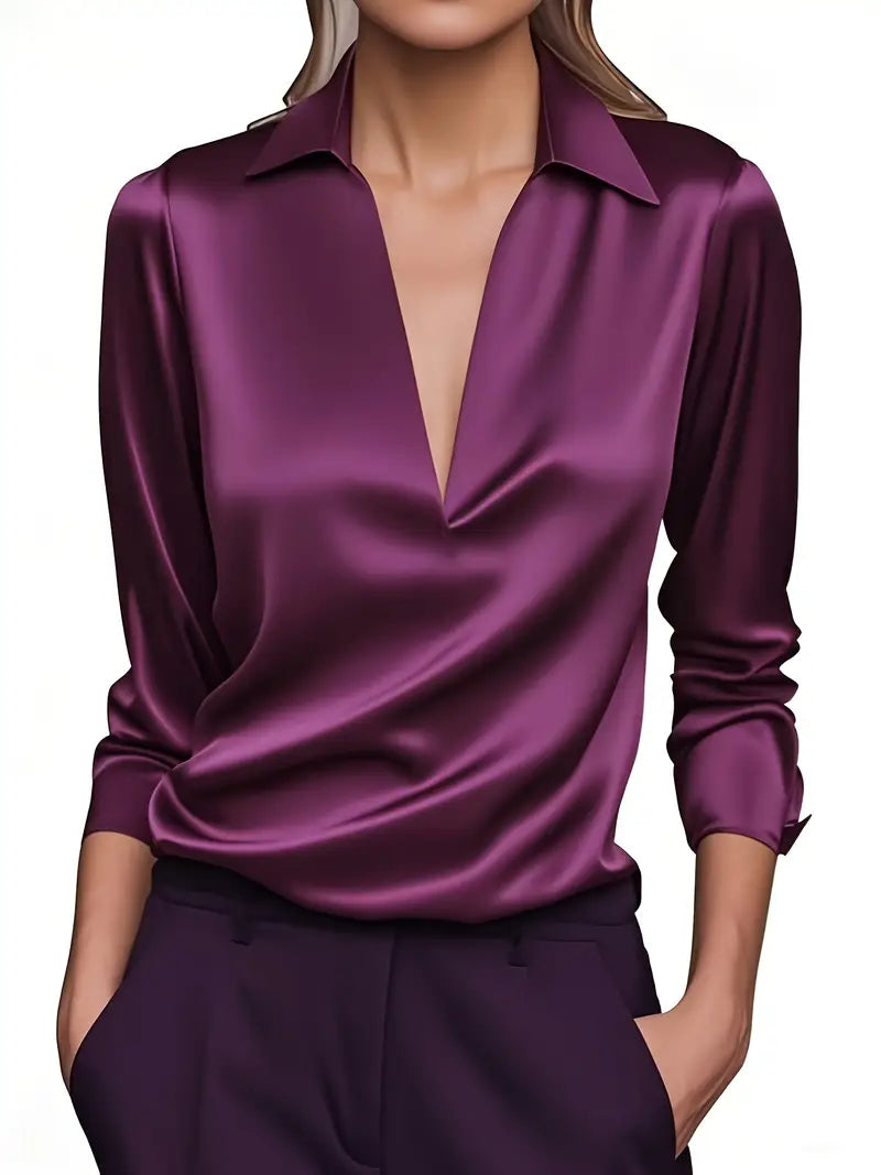 Stella | Damen Satin Bluse Langarm V-Ausschnitt Elegant