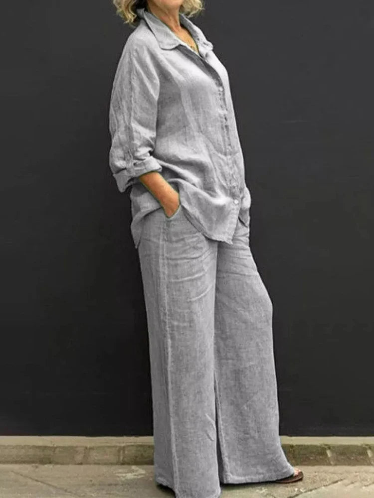 Nina | Damen Set Langarm Hemd Weite Hose Casual