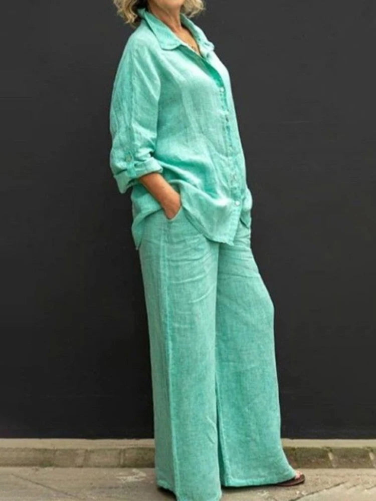 Nina | Damen Set Langarm Hemd Weite Hose Casual