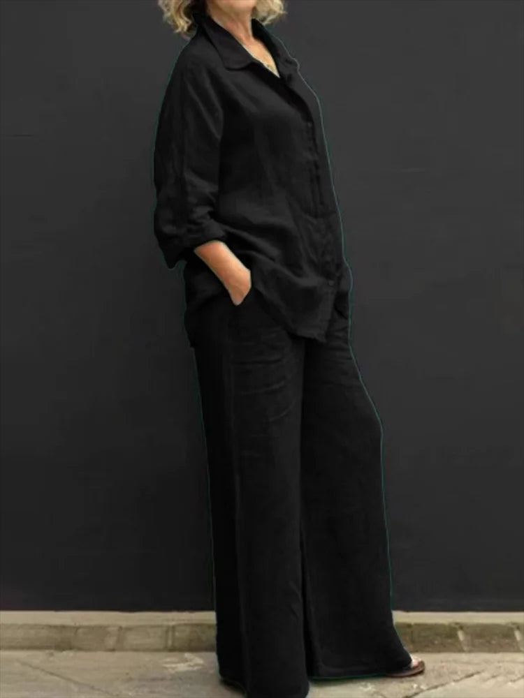 Nina | Damen Set Langarm Hemd Weite Hose Casual