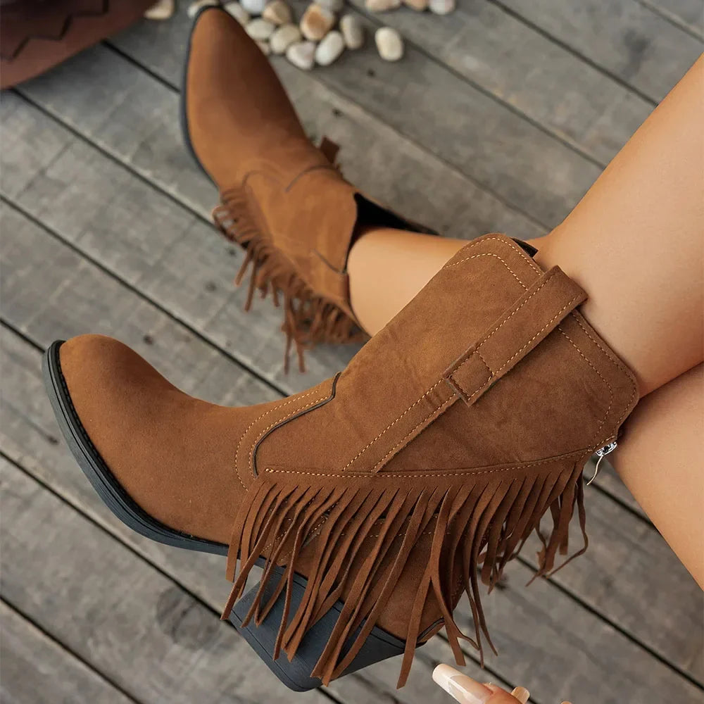 Dorle | Damen Cowboy Stiefel mit Fransen Westernstiefel - Brown - Image 1