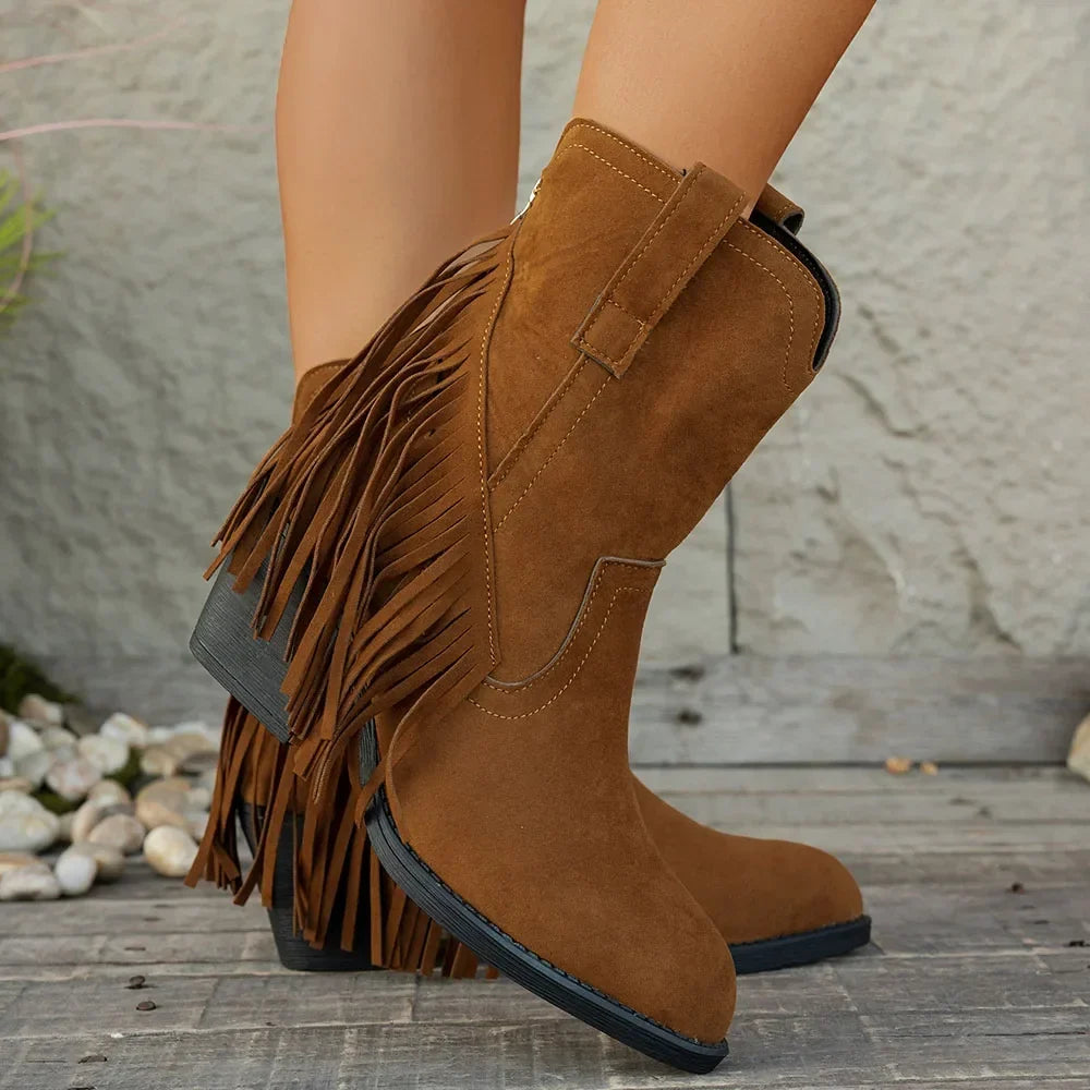 Dorle | Damen Cowboy Stiefel mit Fransen Westernstiefel - Brown - Image 2